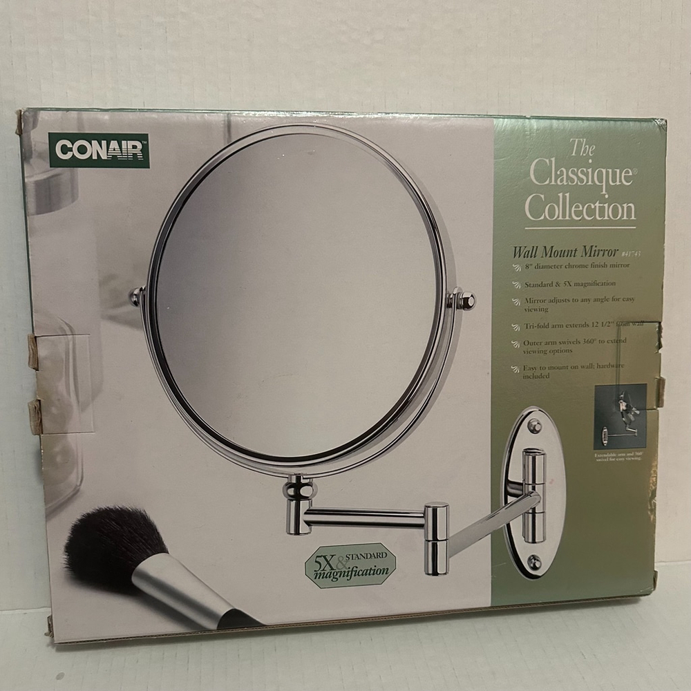 Conair Chrome Standard & 5X Magnification Oval Wall Mount Swivel Mirror 8"diam